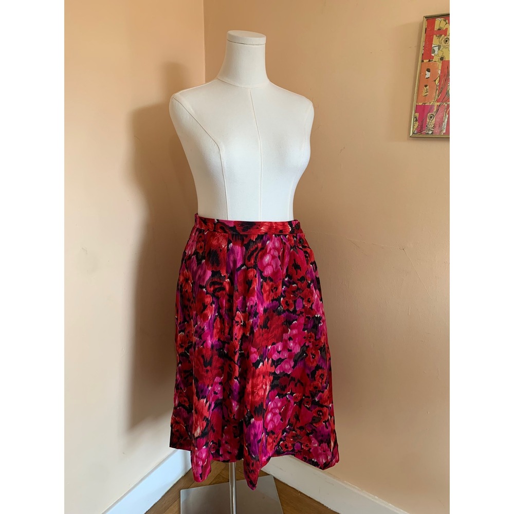 Jaeger Vintage Wool Floral Midi Skirt Red Pink Abstract Made in Great Britain 14